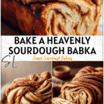 Golden Sourdough Cinnamon Babka Bread with swirled twist layers and sugary crust on a wooden board.